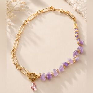 Golden Necklace with Genuine Swarovski pendant and Amethyst Beads